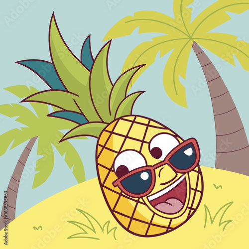 A cheerful cartoon pineapple wearing sunglasses smiles broadly on a sunny beach with palm trees in the background