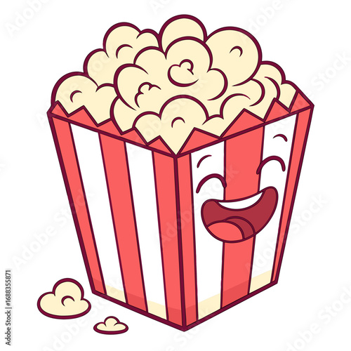 A cheerful cartoon popcorn bucket with a big happy smile and closed eyes overflowing with fluffy popcorn isolated on a white background perfect for movie night themes