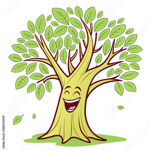 A cheerful cartoon tree with a wide smile and closed eyes its branches filled with vibrant green leaves and a few leaves falling to the ground