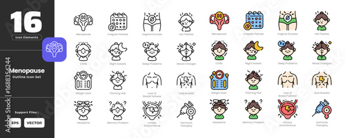 Menopause Symptoms Icon Set Collection - Outline Line Art Style. Irregular periods, vaginal dryness, hot flashes, chills, night sweats, sleep problems,mood changes,weight gain,thinning hair, headache