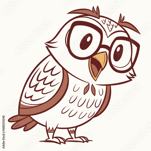 A cute and friendly cartoon owl wearing large glasses and looking curious with its beak open and wings slightly spread