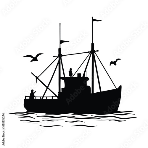 Black silhouette of a fishing trawler with seagulls and people