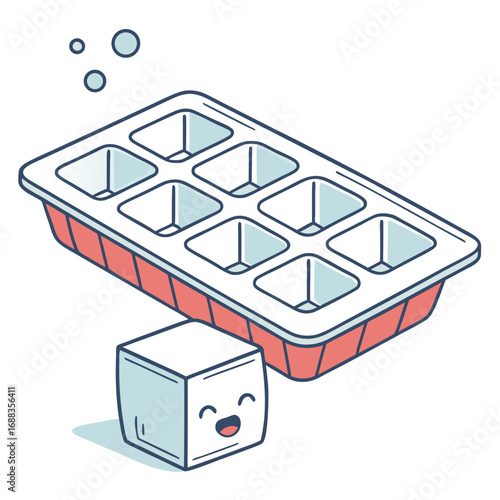 A cute smiling ice cube character stands next to an empty ice cube tray with bubbles floating above it