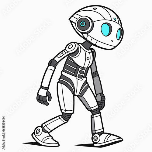 A friendly cartoon robot with a white and gray body and bright blue eyes is walking forward with a slight smile on its face