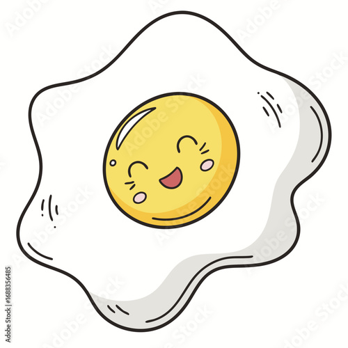 A happy and cute cartoon fried egg with a cheerful face and smiling mouth isolated on a white background perfect for breakfast or food related designs