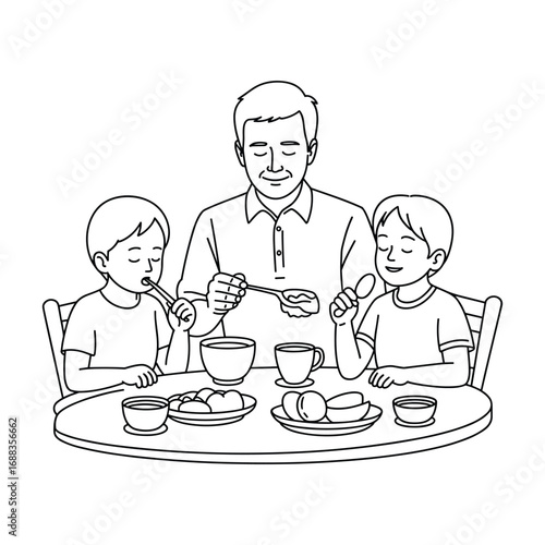 Father and two children enjoying a meal together at a round table