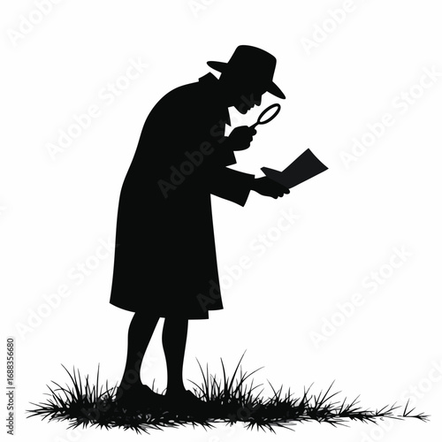 Black silhouette of detective with magnifying glass examining document in grass