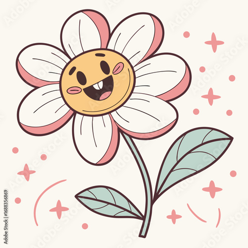 A happy cartoon flower with a smiling face and pink accents on its petals surrounded by sparkling stars and dots conveying joy and positivity in a simple illustration