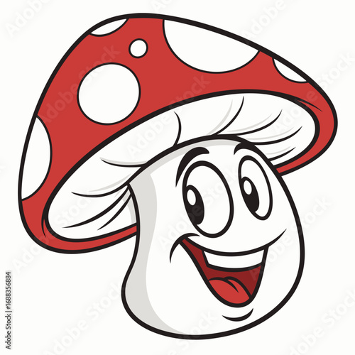 A happy cartoon mushroom character with a red cap and white spots smiling widely with its tongue out isolated on a white background perfect for children s illustrations and designs
