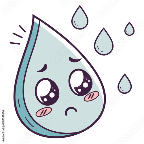 A sad and crying cartoon water droplet character with large expressive eyes and rosy cheeks surrounded by smaller water droplets on a white background