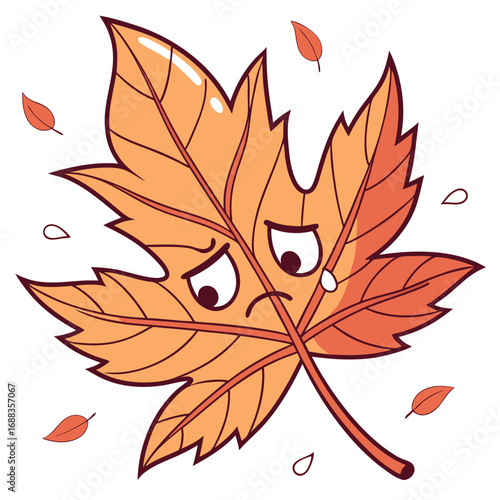 A sad and worried cartoon maple leaf character with a tear rolling down its cheek surrounded by falling autumn leaves and droplets on a white background