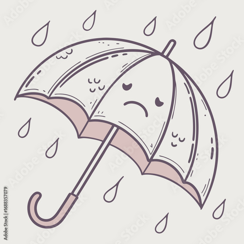 A sad cartoon umbrella with a frowning face is caught in a downpour of raindrops on a light background