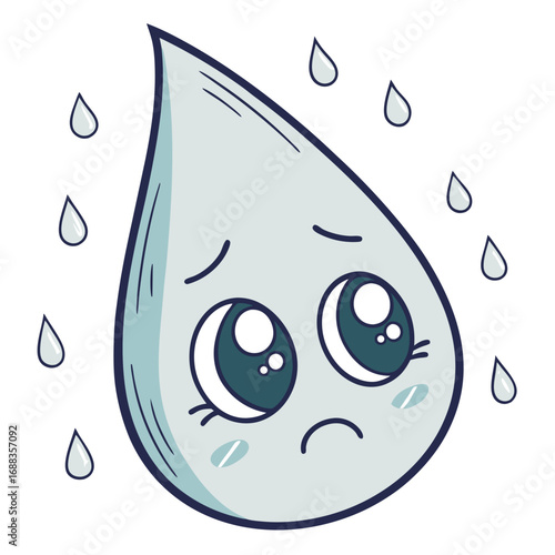 A sad cartoon water droplet with big eyes and a frowning mouth surrounded by falling raindrops