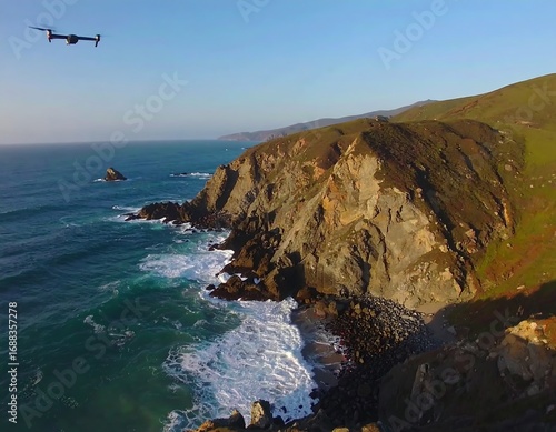 Drone shot of coastal cliffs and waves