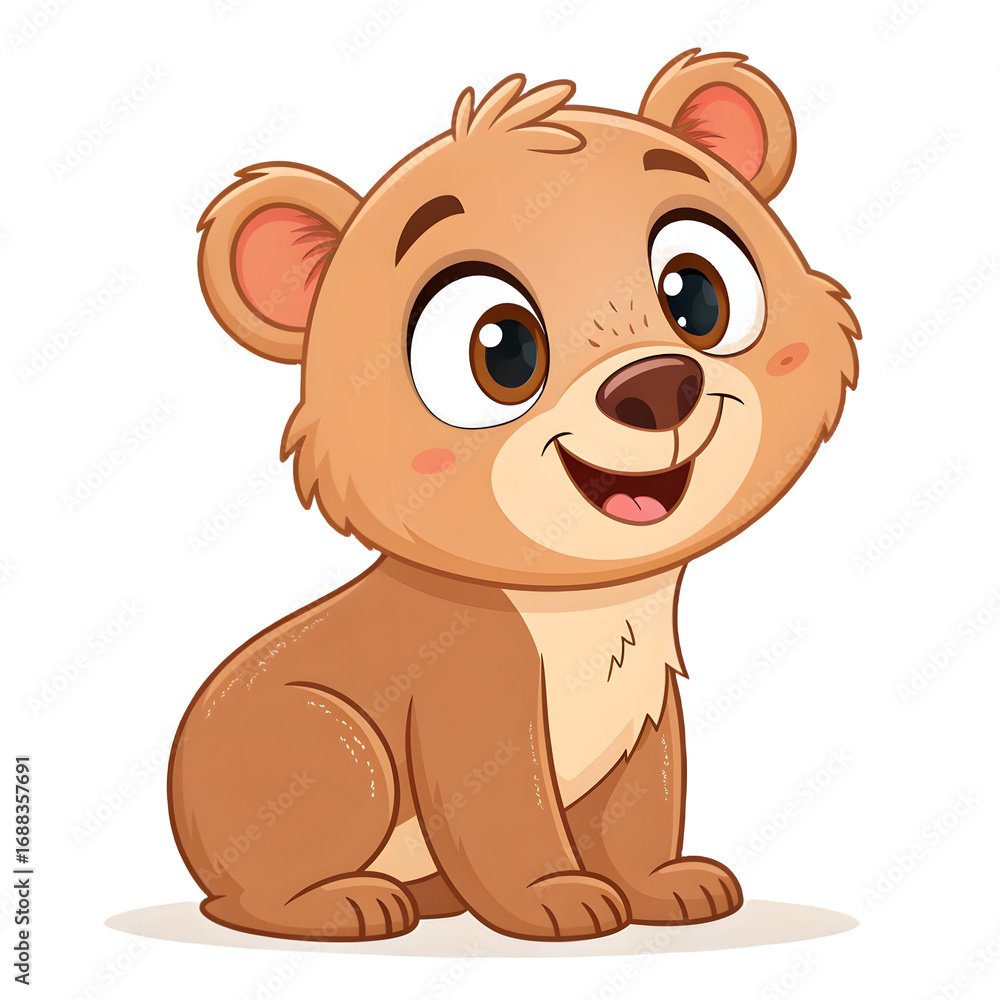 Fototapeta premium Cute cartoon bear cub sitting and smiling with big eyes