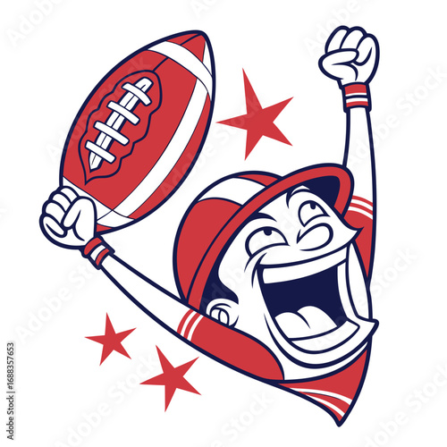 Excited cartoon football fanatic character wearing a red and blue uniform holding a football and celebrating with stars