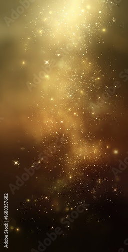 Ethereal golden dust swirls against a dark backdrop, forming a mesmerizing, sparkling nebula-like effect. The image is soft, dreamy, and elegant