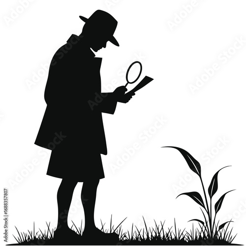 Detective examining document with magnifying glass in grassy field