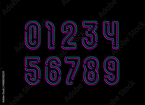 Technology numbers, neon bright numerals