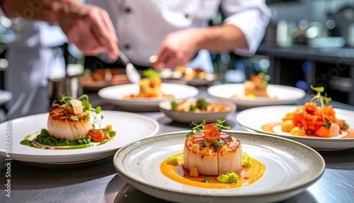 Chef plating seafood dishes on several plates