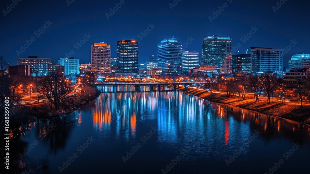 Naklejka premium Night cityscape skyline reflected in calm water. (1)