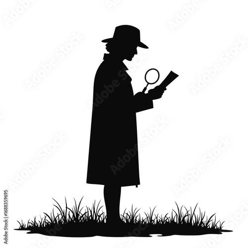 Silhouette detective examining document with magnifying glass in grass