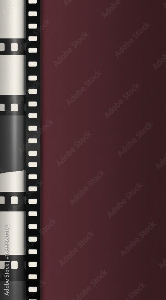 Obraz premium Vertical image showing a film reel strip on the left and a dark red gradient on the right side
