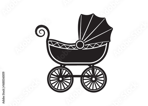 Minimalist baby stroller silhouette vector graphic, modern carriage design icon.