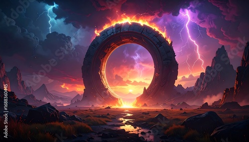 Epic, fiery landscape with a colossal ring-shaped structure and dramatic lighting