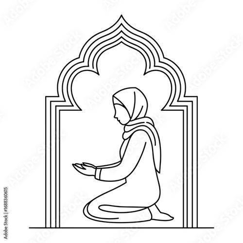 Islamic prayer depicted in a traditional archway with a woman in a hijab kneeling