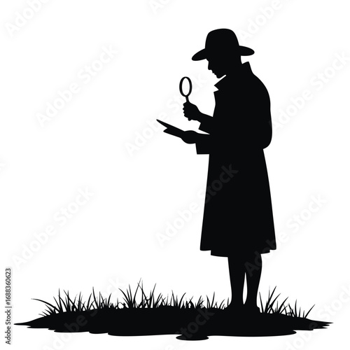 Silhouette detective examining document with magnifying glass in grass