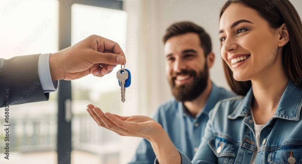 Fototapeta premium Happy Couple Receiving House Keys from Real Estate Agent