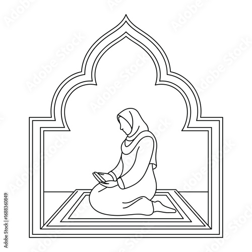 Muslim woman in hijab praying on prayer mat inside an islamic archway