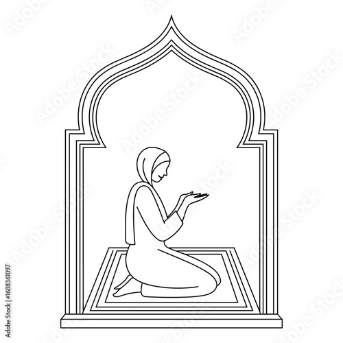 Muslim woman praying in traditional archway wearing hijab and modest clothing