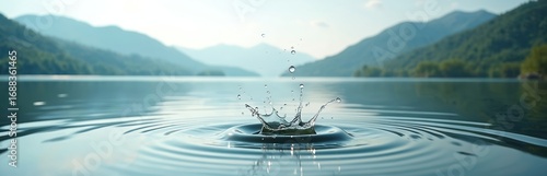 Close-up water splash ripples across calm lake surface. Mountains and green hills surround serene blue water body. Gentle raindrops create concentric waves. Pure, clean liquid nature scene. © Vadym