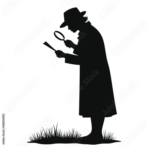 Silhouette detective with magnifying glass examining document