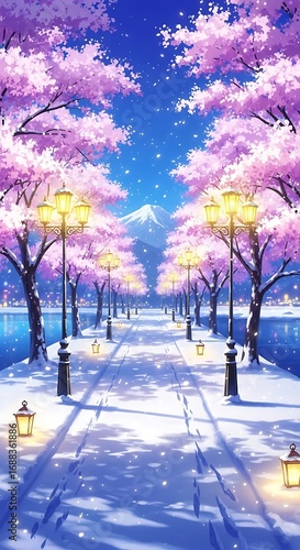 Snowy Avenue Lined with Cherry Trees and Lanterns Leading to a Distant Mountain winter path