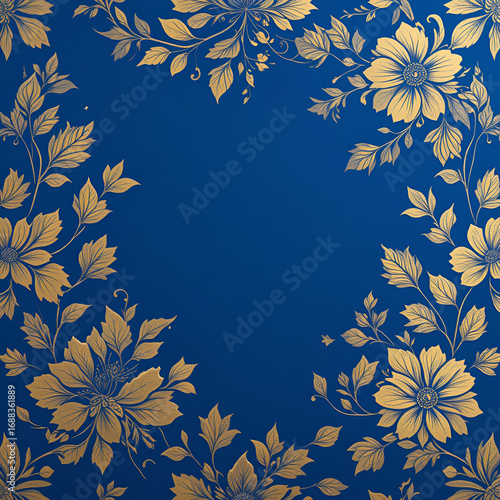 A royal blue background with delicate gold foil floral patterns, embodying elegance and a touch of vintage luxury