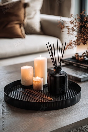A black tray holds lit candles, a dark reed diffuser, and incense sticks on a light wood coffee table, in a cozy living room setting