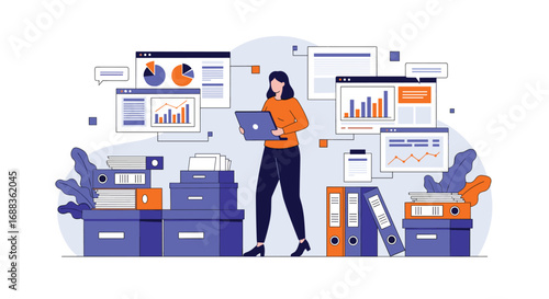 Professional woman organizes data and information efficiently in a modern office environment