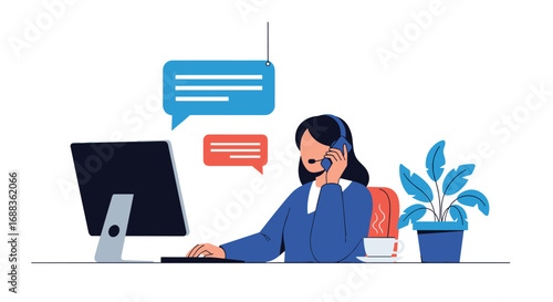 Customer service representative using headset working on computer with chat bubbles and plant