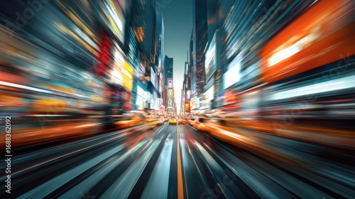 A vibrant, blurred cityscape featuring tall buildings and streams of light and color, creating a sense of motion and speed, with taxis in the foreground