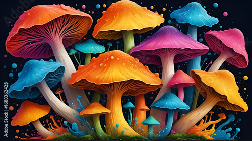 Splashes of vivid pigments collide and meld together, forming a mesmerizing symphony of colors that ignites the scene with an intense burst of vibrancy. Fungal Symphony. Illustration
