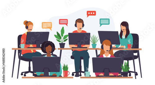 Diverse customer service agents working in a modern call center environment