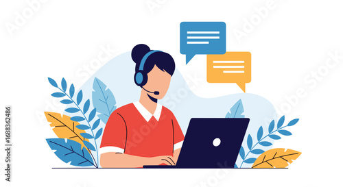 Customer service representative using headset and laptop assisting clients with communication bubbles above