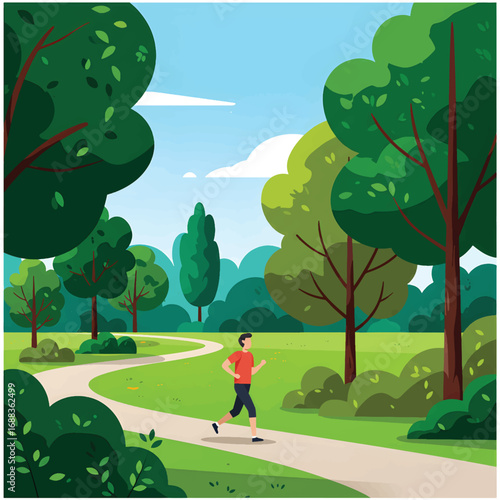 Man jogging in a beautiful green park on a sunny day.