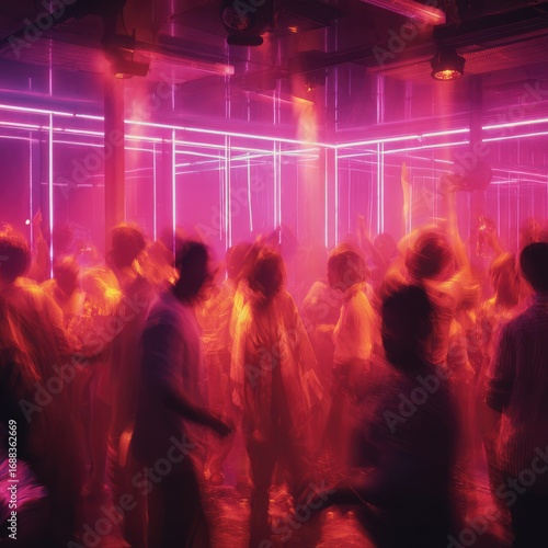 Blurry, crowded dance floor with moving figures illuminated by vivid pink light beams and overhead spotlights in a dark, enclosed space