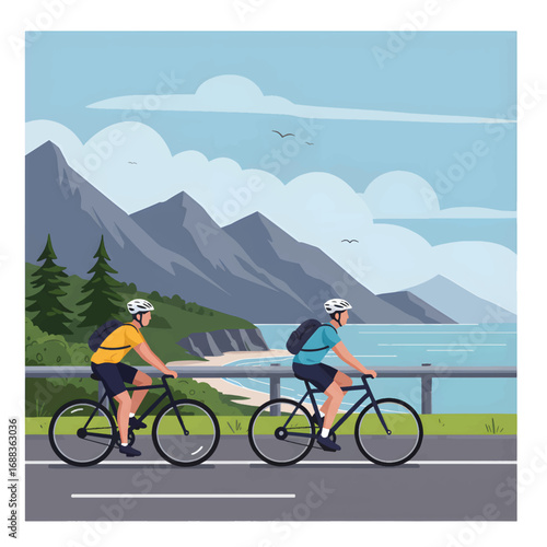 Two people cycling on a scenic road by the water.