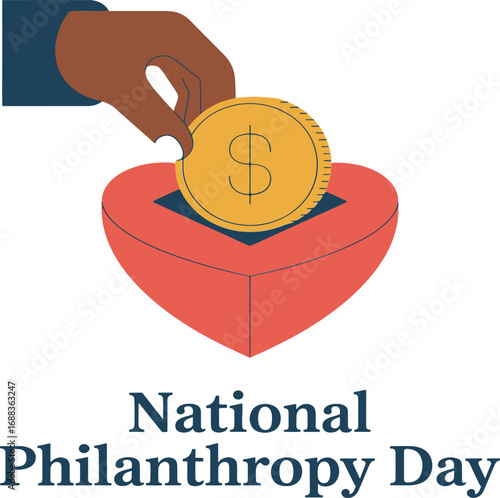 Hand donating coin to heart shaped charity box national philanthropy day