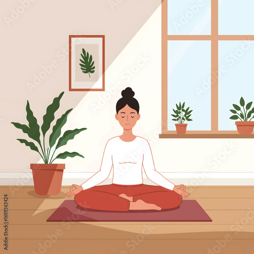 Woman meditating in a sunlit room with plants.